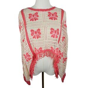 NWT House of Harlow Crochet Shawl Poncho One Size Sweater Pink Bow Fringe Boho